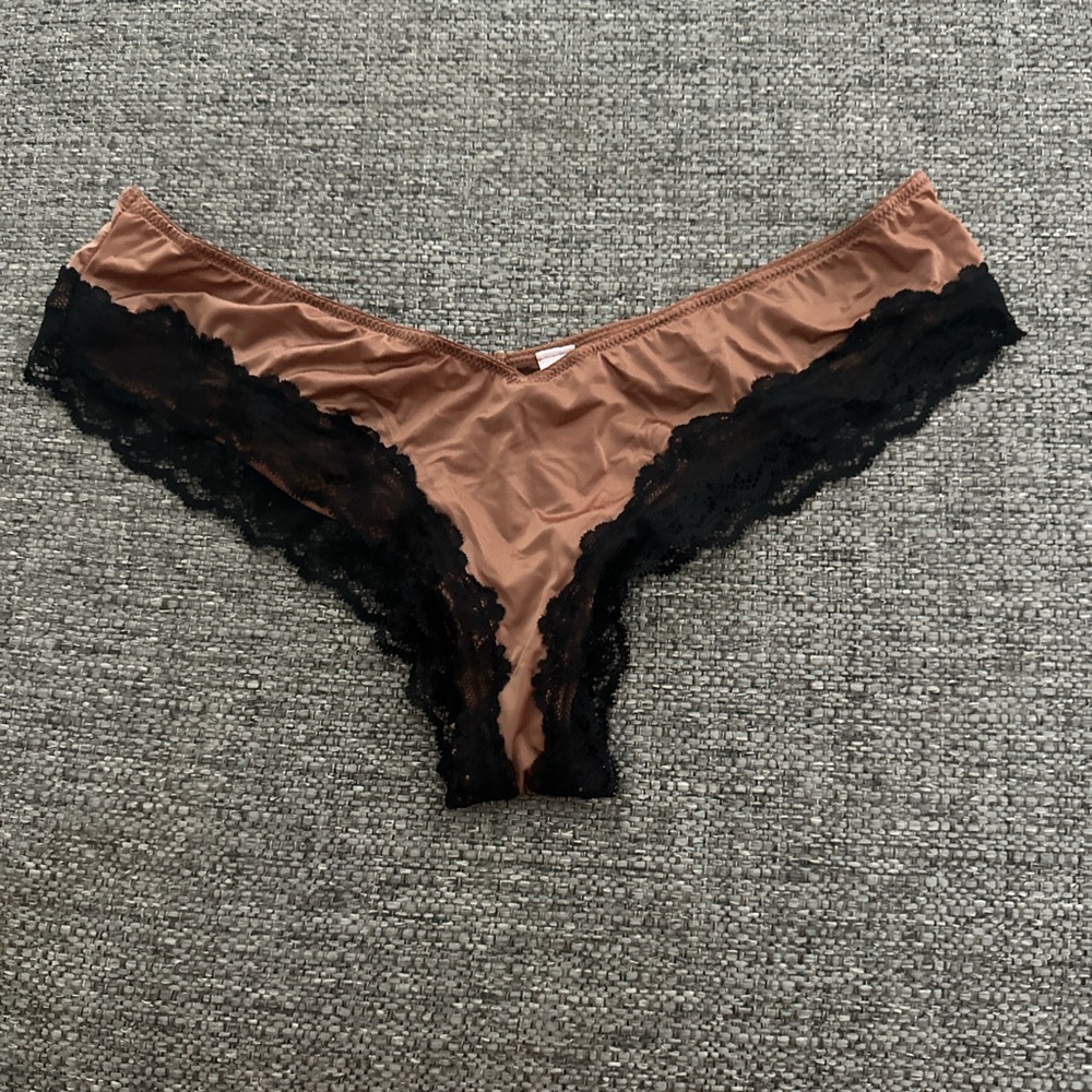 Victoria’s Secret High Leg Cheeky Satin Lace Trim Panty - Brown & Black